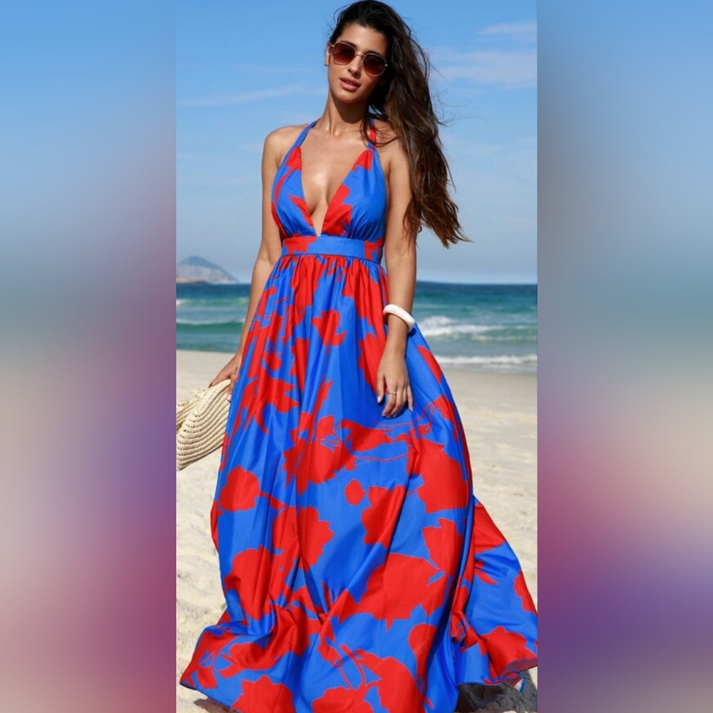 Vibrant Blue and Red Halter Maxi Dress
